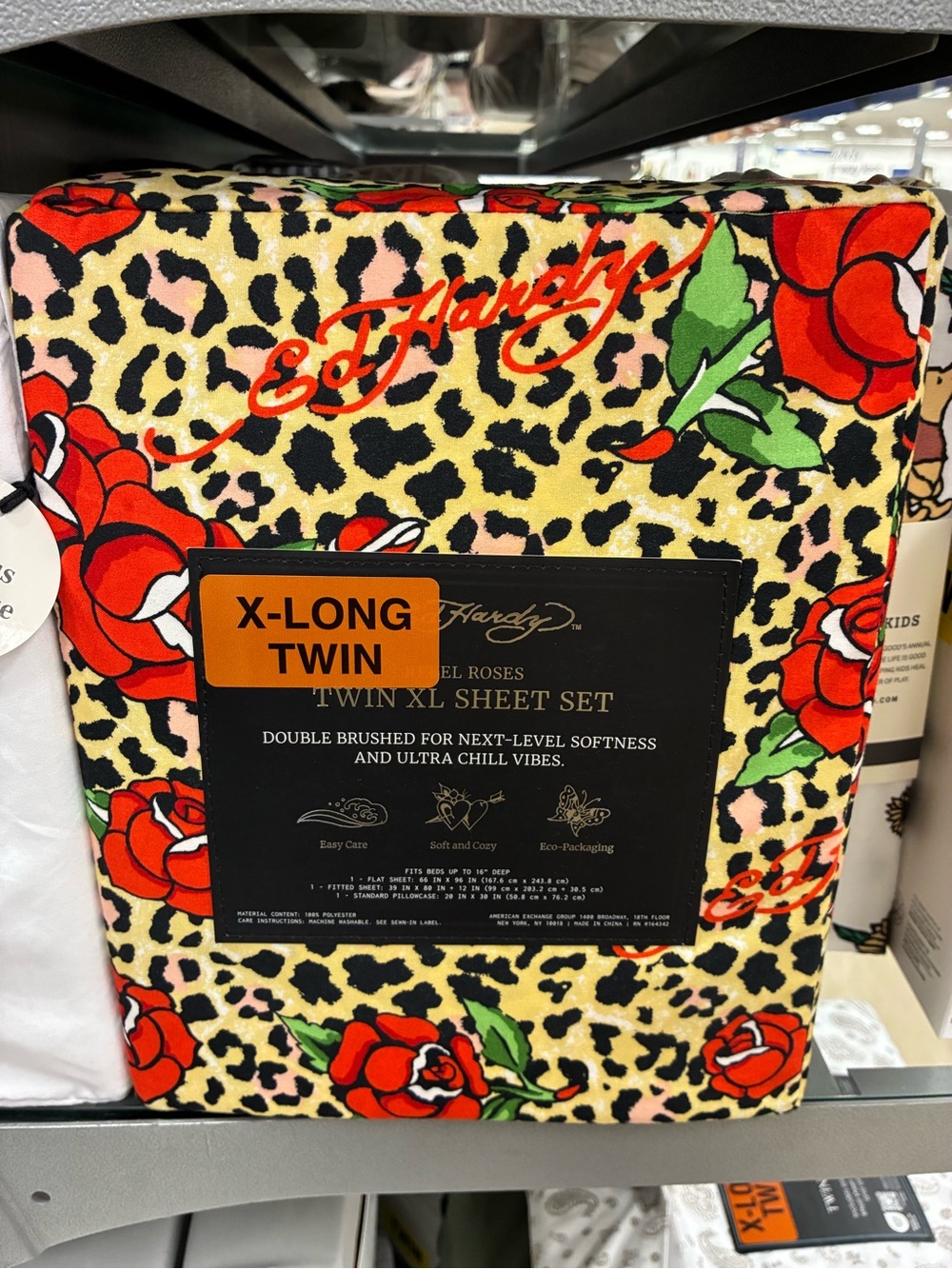 Ed Hardy Rose & Leopard X-Long Twin Sheet Set - Red, Cream, Black, Green